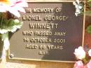 Lionel George WINNETT, died 14 Oct 2001 aged 88 years; Bribie Island Memorial Gardens, Caboolture Shire 