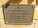 Jean Valerie HINCKEY, died 14 Jan 1992 aged 65 years; Bribie Island Memorial Gardens, Caboolture Shire 