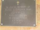Alice Georgina May JEFFRIES,
died 1 Aug 1997 aged 69 years;
Bribie Island Memorial Gardens, Caboolture Shire