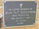 Jean Tait SANDERSON, died 14 Jan 1997 aged 74 years; Bribie Island Memorial Gardens, Caboolture Shire 