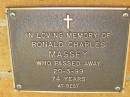 
Ronald Charles MASSEY,
died 20-3-99 aged 74 years;
Bribie Island Memorial Gardens, Caboolture Shire
