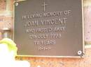 Joan VINCENT, died 12 July 1998 aged 78 years; Bribie Island Memorial Gardens, Caboolture Shire 