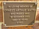 Ernest Arthur WATTS, died 18 Nov 2001 aged 91 years; Bribie Island Memorial Gardens, Caboolture Shire 
