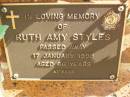 Ruth Amy STYLES, died 17 Jan 1998 aged 66 years; Bribie Island Memorial Gardens, Caboolture Shire 