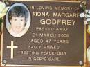 
Fiona Margaret GODFREY,
died 21 March 2006 aged 47 years;
Bribie Island Memorial Gardens, Caboolture Shire
