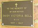 
Daisy Victoria BELL,
mother,
1897 - 1947;
Bribie Island Memorial Gardens, Caboolture Shire
