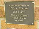 Keith Alexander GILLILAND, died 10 June 1996 aged 69 years; Bribie Island Memorial Gardens, Caboolture Shire 
