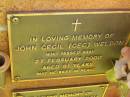 John Cecil (Cec) WELDON, died 27 Feb 2000 aged 81 years; Bribie Island Memorial Gardens, Caboolture Shire 