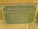 Bernie Keith ASHMORE, died 3 Oct 2001 aged 76 years; Bribie Island Memorial Gardens, Caboolture Shire 
