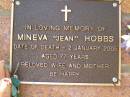 Mineva (Jean) HOBBS, wife mother, died 2 Jan 2005 aged 77 years; Bribie Island Memorial Gardens, Caboolture Shire 