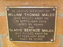 William Thomas MALES, died 19 Sept 2004 aged 85 years; Gladys Beatrice MALES, died 21 Feb 2005 aged 86 years; Bribie Island Memorial Gardens, Caboolture Shire 