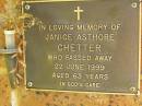 
Janice Asthore CHETTER,
died 22 June 1999 aged 63 years;
Bribie Island Memorial Gardens, Caboolture Shire
