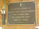 Gladys Ada MONTGOMERY, died 5 Feb 2001 aged 87 years; Bribie Island Memorial Gardens, Caboolture Shire 