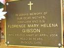 Flornece Mary Helena GIBSON, mother grandma g-g, died 21 April 2004 aged 91 years; Bribie Island Memorial Gardens, Caboolture Shire 