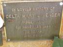 
Delta Mary LAVENDAR,
died 8 Nov 1994 aged 72 years;
Bribie Island Memorial Gardens, Caboolture Shire
