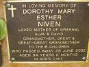 
Dorothy Mary Esther NIVEN,
mother of Graham, Alva & David,
grandmother, great- & great-great- grandmother,
died 28 June 2002 aged 94 years 6 months;
Bribie Island Memorial Gardens, Caboolture Shire
