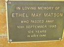 Ethel May MATSON, died 10 Sept 1995 aged 104 years; Bribie Island Memorial Gardens, Caboolture Shire 