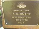 A.G. SMART, died 30-9-1996 aged 81 years; Bribie Island Memorial Gardens, Caboolture Shire 