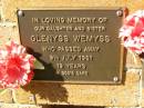 Glenyss WEMYSS,
daughter sister,
died 9 July 1961 aged 19 years;
Bribie Island Memorial Gardens, Caboolture Shire
