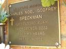 
Charles Noel Godfrey SPECKMAN,
died 18 Dec 2002 aged 83 years;
Bribie Island Memorial Gardens, Caboolture Shire
