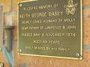 Keith George DASEY, husband of Molly, father of Lawrence & John, died 6 Nov 1974 aged 49 years; Bribie Island Memorial Gardens, Caboolture Shire 