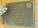 Joan Kathleen WESTON, died 6 May 1996 aged 84 years; Bribie Island Memorial Gardens, Caboolture Shire 