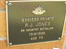 P.J. JONES, died 15-8-1996 aged 70 years; Bribie Island Memorial Gardens, Caboolture Shire 