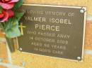 Walmer Isobel PIERCE, died 14 Oct 2003 aged 86 years; Bribie Island Memorial Gardens, Caboolture Shire 
