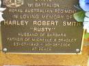 
Harley Robert (Rusty) SMITH,
husband of Barbara,
father of Michelle & Bradley,
23-07-1942 - 30-08-2004;
Bribie Island Memorial Gardens, Caboolture Shire
