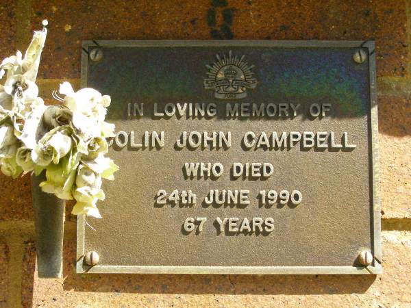 Colin John CAMPBELL,  | died 24 June 1990 aged 67 years;  | Bribie Island Memorial Gardens, Caboolture Shire  | 