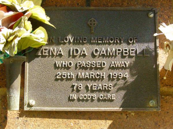 Zena Ida CAMPBELL,  | died 25 March 1994 aged 78 years;  | Bribie Island Memorial Gardens, Caboolture Shire  | 