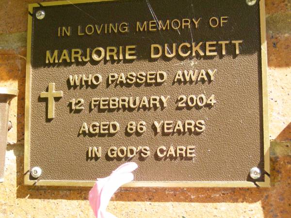 Marjorie DUCKETT,  | died 12 Feb 2004 aged 86 years;  | Bribie Island Memorial Gardens, Caboolture Shire  | 