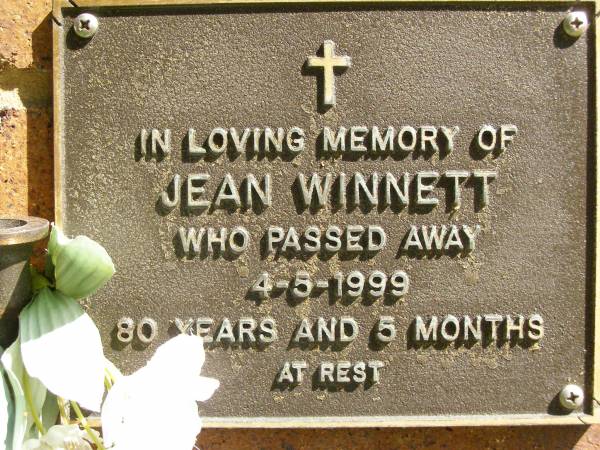 Jean WINNETT,  | died 4-5-1999 aged 80 years 5 months;  | Bribie Island Memorial Gardens, Caboolture Shire  | 