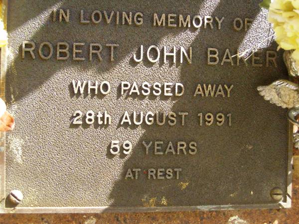 Robert John BAKER,  | died 28 Aug 1991 aged 59 years;  | Bribie Island Memorial Gardens, Caboolture Shire  | 