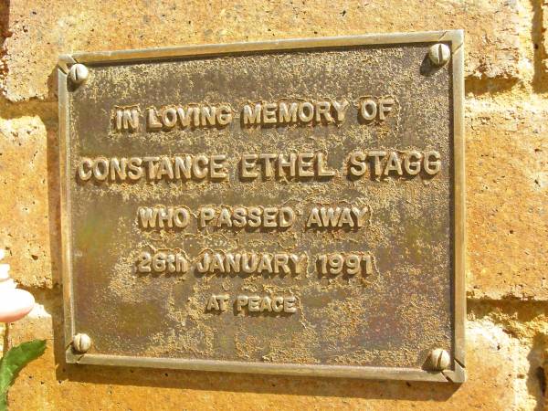 Constance Ethel STAGG,  | died 26 Jan 1991;  | Bribie Island Memorial Gardens, Caboolture Shire  | 