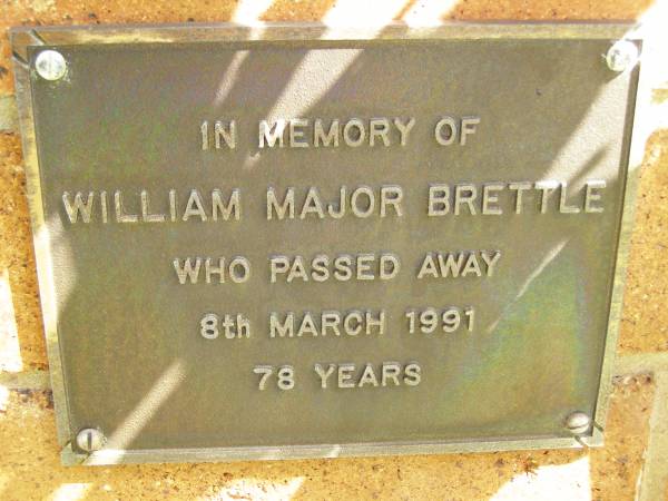 William Major BRETTLE,  | died 8 March 1991 aged 78 years;  | Bribie Island Memorial Gardens, Caboolture Shire  | 