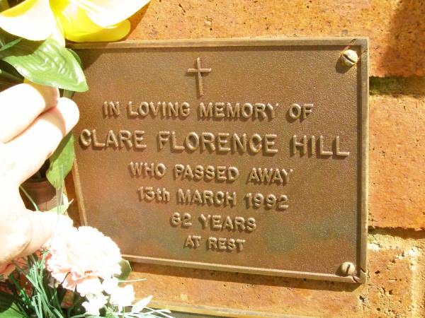 Clare Florence HILL,  | died 13 March 1992 aged 62 years;  | Bribie Island Memorial Gardens, Caboolture Shire  | 