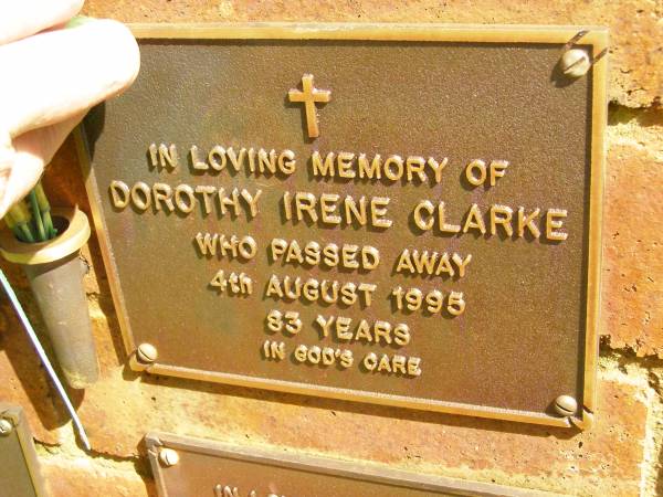 Dorothy Irene CLARKE,  | died 4 Aug 1995 aged 83 years;  | Bribie Island Memorial Gardens, Caboolture Shire  | 