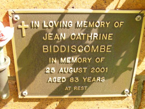 Jean Cathrine BIDDISCOMBE,  | died 25 Aug 2001 aged 83 years;  | Bribie Island Memorial Gardens, Caboolture Shire  | 