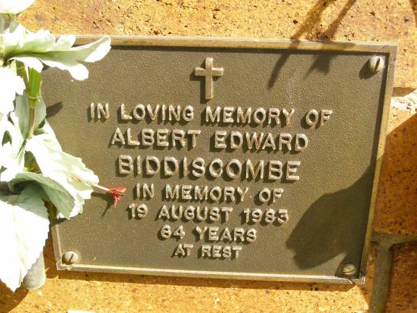 Albert Edward BIDDISCOMBE,  | died 19 Aug 1983 aged 84 years;  | Bribie Island Memorial Gardens, Caboolture Shire  | 