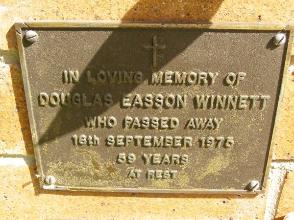 Douglas Easson WINNETT,  | died 16 Sept 1975 aged 59 years;  | Bribie Island Memorial Gardens, Caboolture Shire  | 