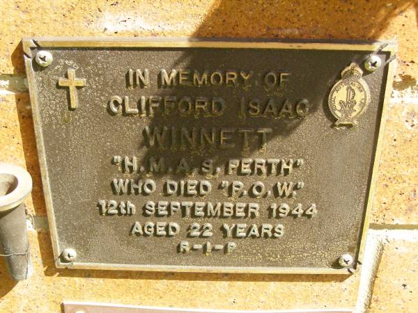 Clifford Isaac WINNETT,  | died POW 12 Sept 1944 aged 22 years;  | Bribie Island Memorial Gardens, Caboolture Shire  | 