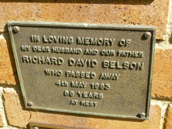 Richard David BELSON,  | husband father,  | died 4 May 1983 aged 58 years;  | Bribie Island Memorial Gardens, Caboolture Shire  | 