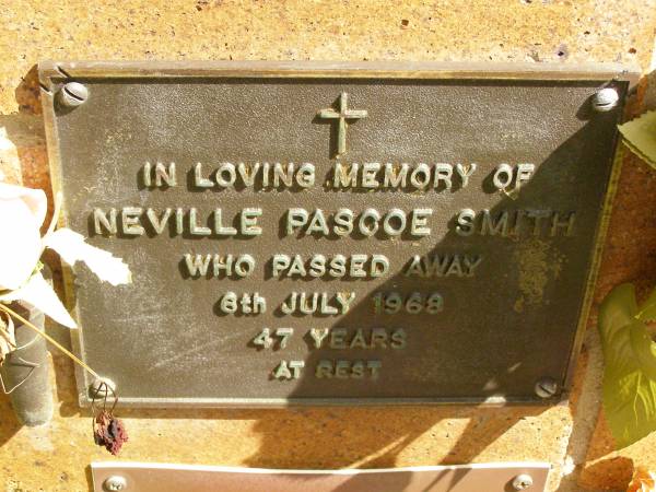 Neville Pascoe SMITH,  | died 6 July 1968 aged 47 years;  | Bribie Island Memorial Gardens, Caboolture Shire  | 