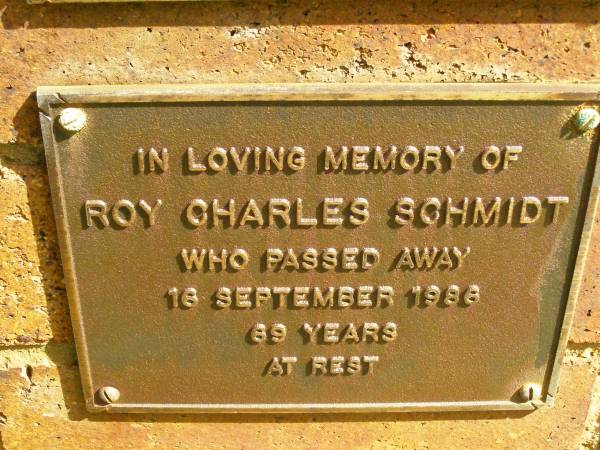 Roy Charles SCHMIDT,  | died 16 Sept 1988 aged 69 years;  | Bribie Island Memorial Gardens, Caboolture Shire  | 