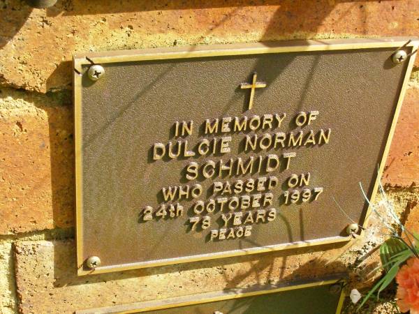 Dulcie Norman SCHMIDT,  | died 24 Oct 1997 aged 78 years;  | Bribie Island Memorial Gardens, Caboolture Shire  | 