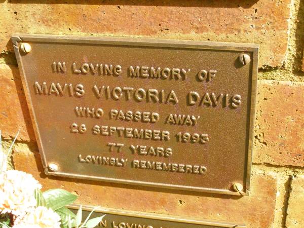 Mavis Victoria DAVIS,  | died 26 Sept 1993 aged 77 years;  | Bribie Island Memorial Gardens, Caboolture Shire  | 