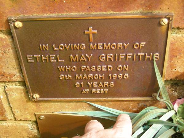 Ethel May GRIFFITHS,  | died 9 March 1995 aged 91 years;  | Bribie Island Memorial Gardens, Caboolture Shire  | 
