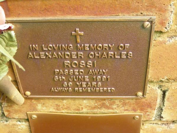 Alexander Charles ROSSI,  | died 6 June 1991 aged 69 years;  | Bribie Island Memorial Gardens, Caboolture Shire  | 