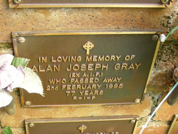 Alan Joseph GRAY,  | died 2 Feb 1995 aged 77 years;  | Bribie Island Memorial Gardens, Caboolture Shire  | 